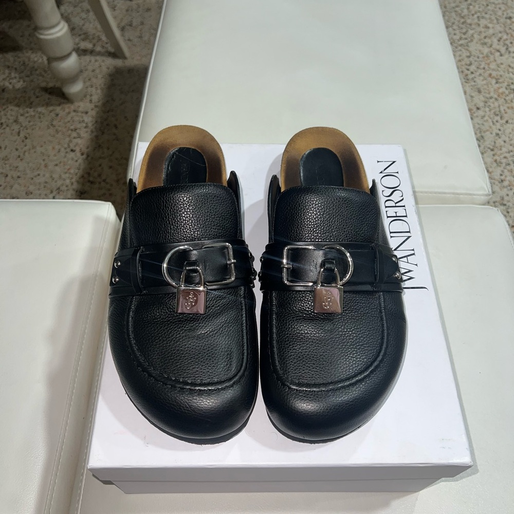Jw Anderson Black Leather Slip-On Mules with Silver Buckle